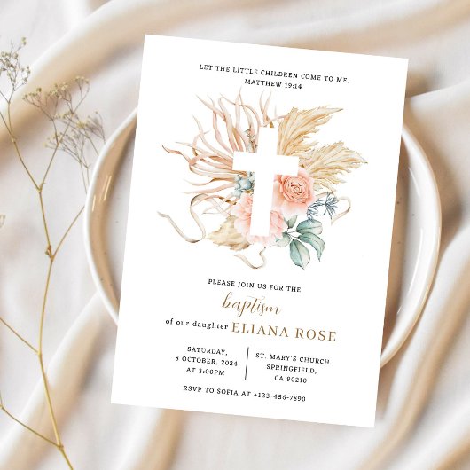 Boho-kruis met Pampas Gras Roos Doop Kaart