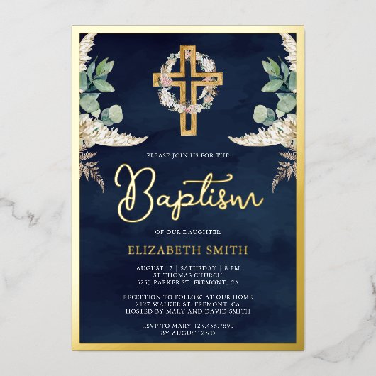 Boho Kruis Pampas Eucalyptus Doop Navy Goud Folie Uitnodiging (Voorkant)