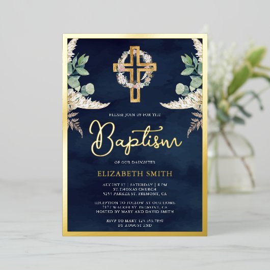 Boho Kruis Pampas Eucalyptus Doop Navy Goud Folie Uitnodiging (Staand Voorkant)