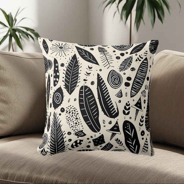Boho Kunst Tribale Elementen Zwart Wit Monochroom Kussen (Boho Art Tribal Elements Black White Monochrome Throw Pillow)