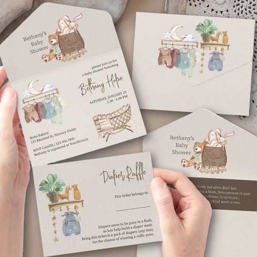 Boho Kwekerij Baby shower Boek en Luiers All In One Uitnodiging