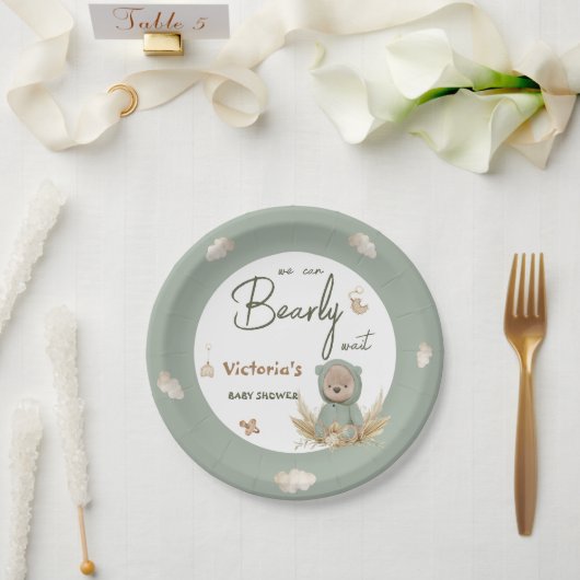 Boho kwekerij Groene Teddybeer Baby shower Papieren Bordje (Huwelijk)