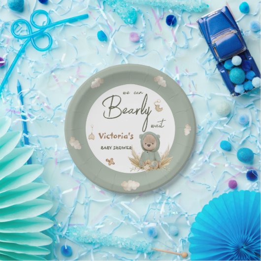 Boho kwekerij Groene Teddybeer Baby shower Papieren Bordje (Feest)