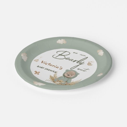 Boho kwekerij Groene Teddybeer Baby shower Papieren Bordje (Gekanteld)