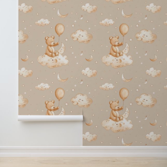 Boho kwekerij Teddy Bear met ballon op een wolk Behang (Applicatie)