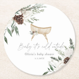 Boho kwekerij winter groenblijvend baby shower ronde kartonnen onderzetter