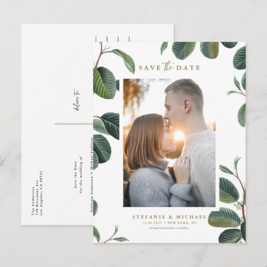 Boho laat botanische witte foto waarop de datum wo aankondigingskaart (Voorkant / Achterkant)