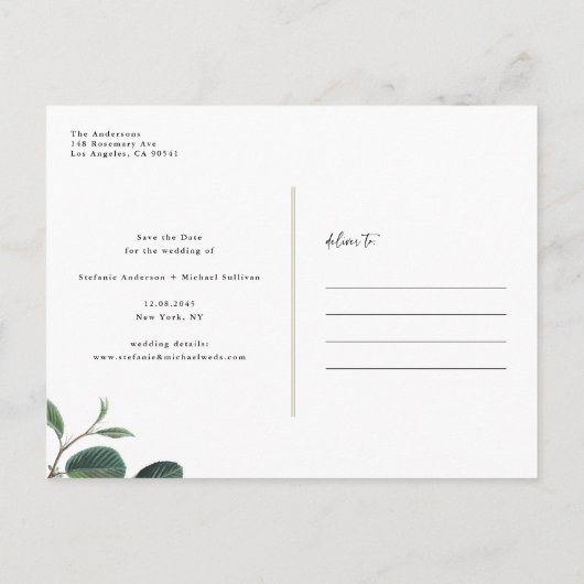 Boho laat botanische witte foto waarop de datum wo aankondigingskaart (Achterkant)