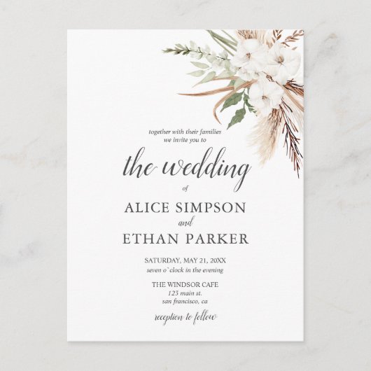 Boho laat Pampa Grass Wedding Uitnodiging (Voorkant)