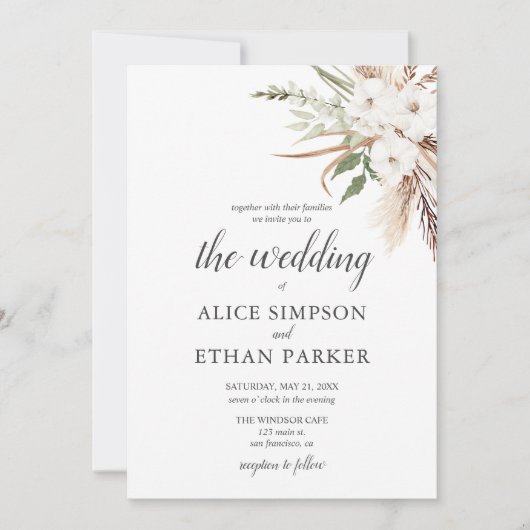 Boho laat Pampa Grass Wedding Uitnodiging (Voorkant)