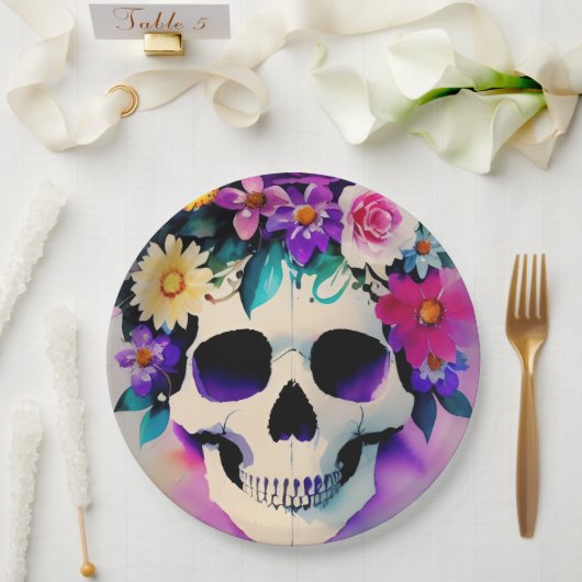 Boho lachende schedel in bloemenkroon papieren bordje (Huwelijk)