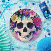 Boho lachende schedel in bloemenkroon papieren bordje (Feest)