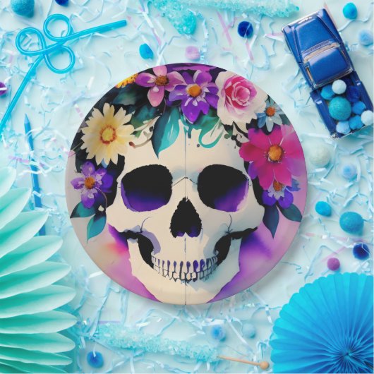 Boho lachende schedel in bloemenkroon papieren bordje (Feest)