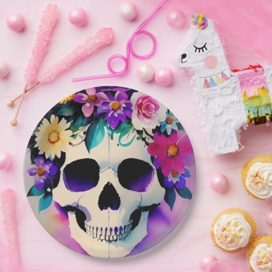 Boho lachende schedel in bloemenkroon papieren bordje (Feest)