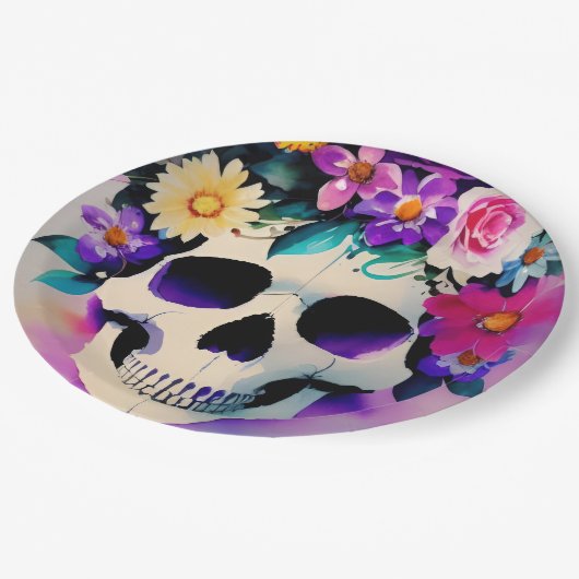 Boho lachende schedel in bloemenkroon papieren bordje (Gekanteld)