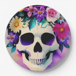 Boho lachende schedel in bloemenkroon papieren bordje