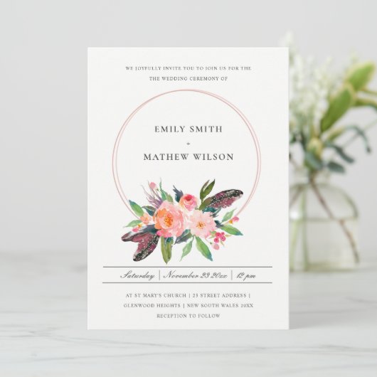 BOHO LAND FEATHER BLUSH FLORAL WREATH WEDDING KAART (Staand voorkant)