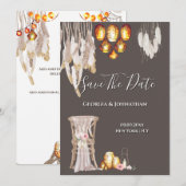 Boho land macrame lantaarn lichten veer chic save the date (Voorkant / Achterkant)