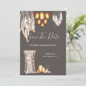Boho land macrame lantaarn lichtjes veer chic save the date (Staand voorkant)