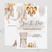 Boho land macrame snoerlampen met veren lantaarn save the date (Voorkant / Achterkant)