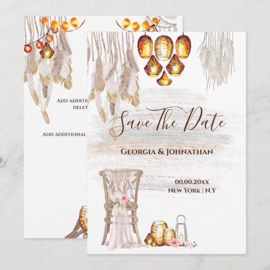 Boho land macrame snoerlampen met veren lantaarn save the date (Voorkant / Achterkant)