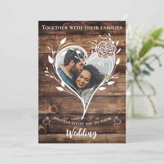Boho land rustieke hout foto bruiloft kaart (Staand voorkant)
