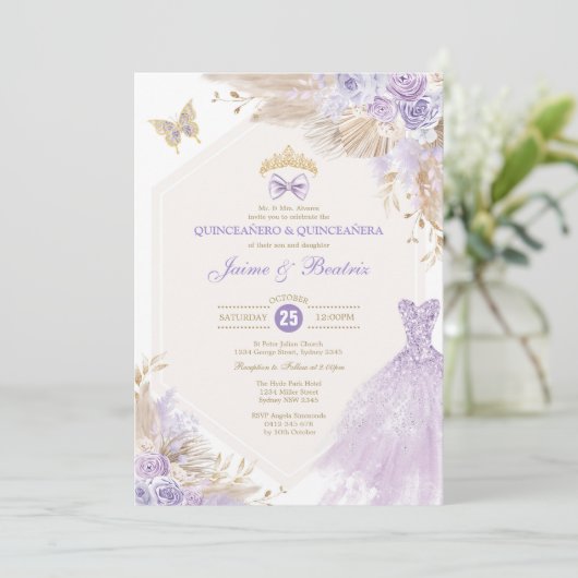 Boho Lavendel Bloemen Tweeling Jongen Meisje Quinc Kaart (Staand voorkant)