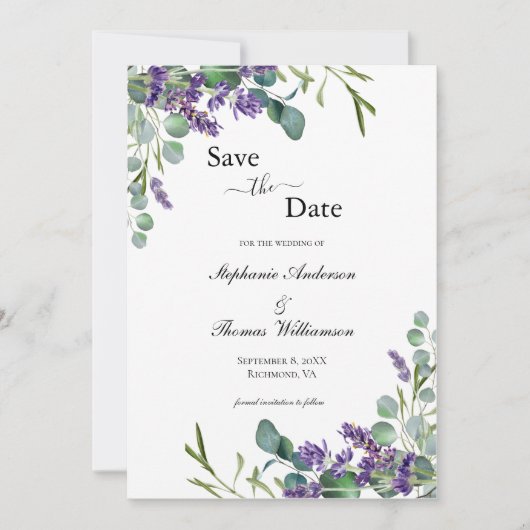 Boho Lavendel Eucalyptus Elegant Moderne QR code Save The Date (Voorkant)