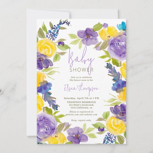 Boho lavendel geel floral baby shower kaart (Voorkant)