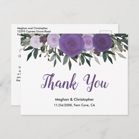 Boho Lavendel Paarse Waterverf Bloemen Dank u Briefkaart (Voorkant / Achterkant)