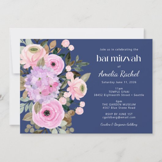 Boho Lavender Blue Floral Waterverf Bat Mitzvah Kaart (Voorkant)
