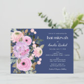 Boho Lavender Blue Floral Waterverf Bat Mitzvah Kaart (Staand voorkant)