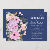 Boho Lavender Blue Floral Waterverf Bat Mitzvah Kaart (Voorkant / Achterkant)