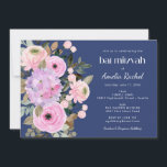 Boho Lavender Blue Floral Waterverf Bat Mitzvah Kaart<br><div class="desc">Boho Lavender Pink Floral Waterverf Bat Mitzvah Uitnodiging op een blauwe achtergrond</div>