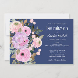 Boho Lavender Blue Floral Waterverf Bat Mitzvah Kaart
