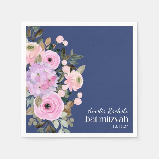 Boho Lavender Blue Floral Waterverf Bat Mitzvah Servet (Voorkant)