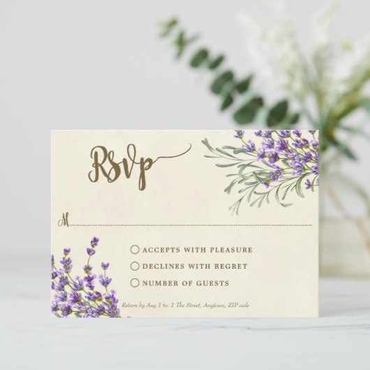 boho lavender bruiloft vrijgezellenfeest rsvp card (Staand voorkant)