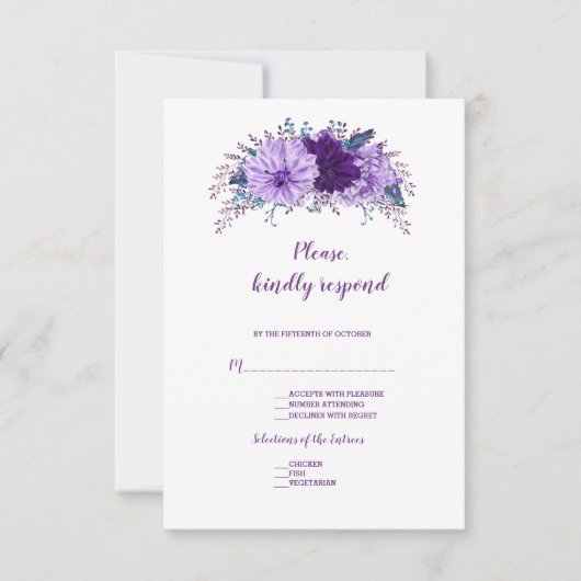 Boho Lavender Floral Plum Paars Wedding RSVP Kaartje (Voorkant)
