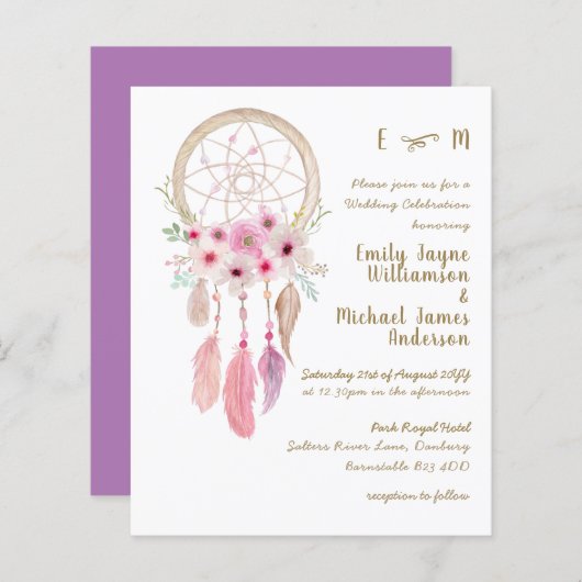 Boho Lavender Pink Dream Catcher Feathers Weddensc (Voorkant / Achterkant)