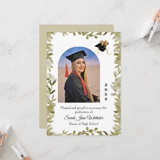 Boho Leaf Border Hi-School Graduation announcement Kaart (Voorkant / Achterkant in situ)