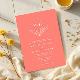 Boho Leaf Monogram Koraal Roze Huwelijk Kaart