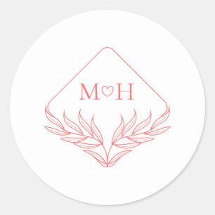 Boho Leaf Monogram Koraal Roze Huwelijk Ronde Sticker