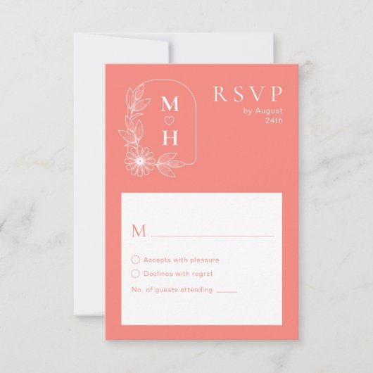 Boho Leaf Monogram Koraal Roze Huwelijk RSVP Kaartje (Voorkant)