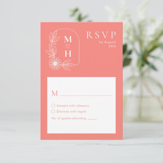 Boho Leaf Monogram Koraal Roze Huwelijk RSVP Kaartje (Staand voorkant)