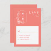 Boho Leaf Monogram Koraal Roze Huwelijk RSVP Kaartje (Voorkant / Achterkant)