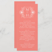 Boho Leaf Monogram Koraal Roze Trouwdiner Menu (Voorkant / Achterkant)