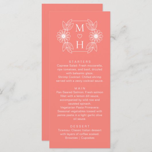 Boho Leaf Monogram Koraal Roze Trouwdiner Menu (Voorkant / Achterkant)