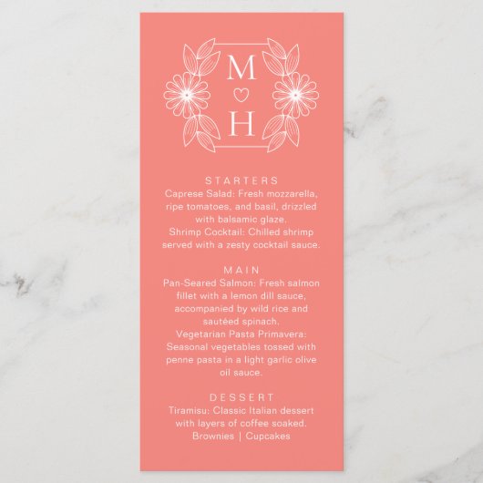 Boho Leaf Monogram Koraal Roze Trouwdiner Menu (Voorkant)