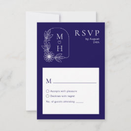 Boho Leaf Monogram Stijlvolle Blauw en Wit Trouwen RSVP Kaartje