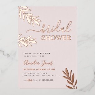 Boho Leaf Rose Goud Bruiloftsborrel Folie Uitnodiging